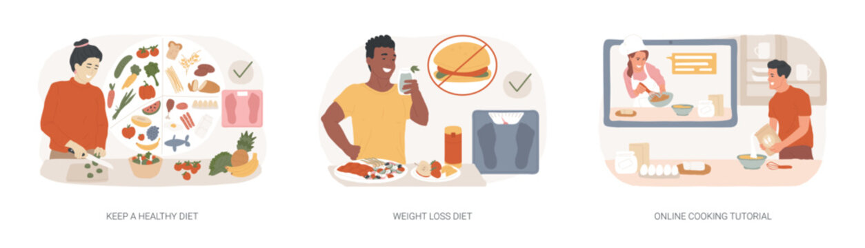 Food and nutrition tips isolated concept vector illustration set. Keep a healthy diet, weight loss, online cooking tutorial, meal plan, drink water, home chef, food blogger recipe vector concept.