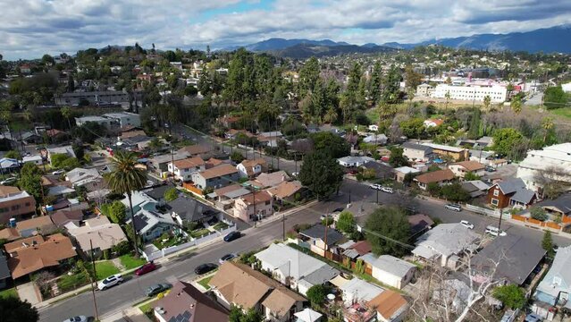 PASADENA - 2.22.2024 - Excellent aerial footage moving over a neighborhood in South Pasadena, California.