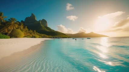 The azure sea sparkles under the sun, surrounded by palm trees and mountains in the distance. A picture of calm and tranquility, calling for relaxation, travel and sunny adventures.