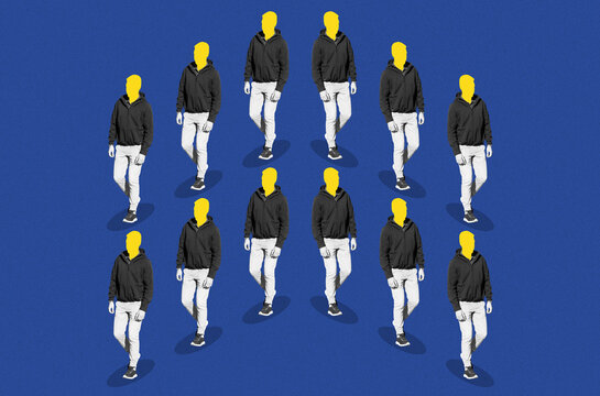 Collage with a group of men with yellow heads