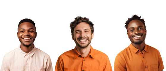 Happy smiling confident men wear casual clothes, isolated cut out people on transparent background - obrazy, fototapety, plakaty