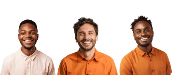 Happy smiling confident men wear casual clothes, isolated cut out people on transparent background