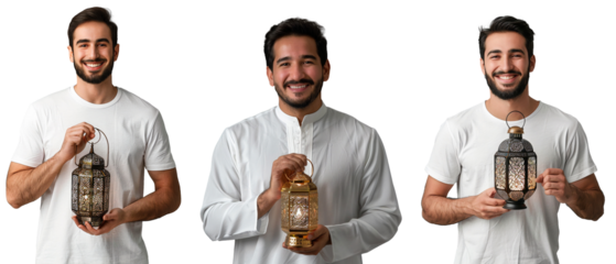 Happy smiling Saudi man holding Ramadan lantern for Eid, isolated cutout people on transparent background	