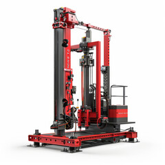 High angle view of a red foundation drilling rig on white background, for engineering and construction.