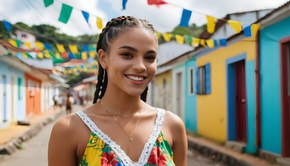 A Brazilian woman wearing a traditional flowy floral print dress, typically seen at the Caruaru June Festival. She radiates happiness and sports a hairstyle adorned with two braids.
