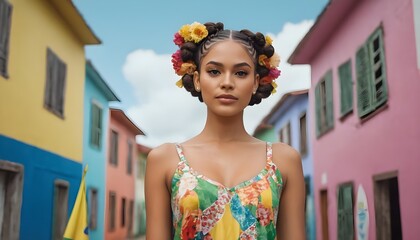 A Brazilian woman wearing a traditional flowy floral print dress, typically seen at the Caruaru June Festival. She radiates happiness and sports a hairstyle adorned with two braids.