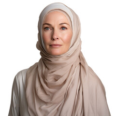 Portrait of a middle eastern mature woman in hijab, isolated cutout people on transparent background	