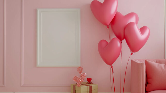 interior with realistic balloons, mock up poster frame, gift box in the room. Generative Ai