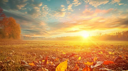 Deurstickers Happy thanksgiving day concept: Beautiful meadow and sky autumn sunrise background. Generative Ai © Fuji