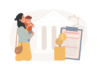Childcare subsidy isolated concept vector illustration. Child care financial help, daycare subsidy application, rebate program, subsidized preschool, family payment assistance vector concept.