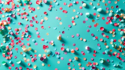 Playful confetti arrangement on a turquoise background generative ai