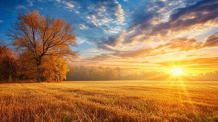 Happy thanksgiving day concept: Beautiful meadow and sky autumn sunrise background. Generative Ai - obrazy, fototapety, plakaty