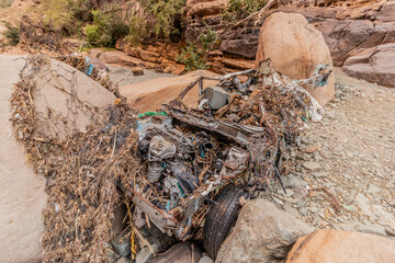 Car wreck in Wadi Lajab gorge, Saudi Arabia