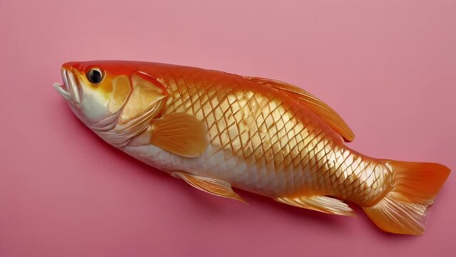 Illustration of a beautiful goldfish with golden scales against a pink background.
