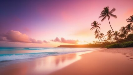 Fototapeta na wymiar against the backdrop of the sunset, palm trees touch the pink sand, the azure waves of the sea take your breath away with their magic. the concept of romance, peace, the beauty of nature and travel.
