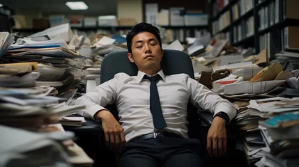 Fotobehang オフィスで仕事をするビジネスマンと大量の書類「AI生成画像」 © kai