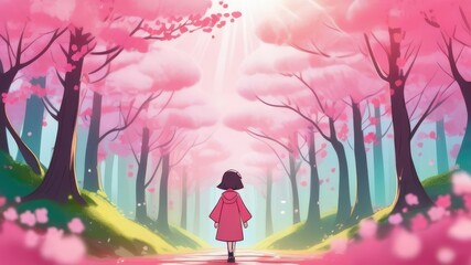 a girl walks along a path through a forest with trees with pink foliage. The concept of magic, magic, mysticism
