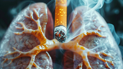 Smoking cigarette butt in human lungs, smoke addiction concept - obrazy, fototapety, plakaty