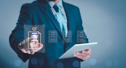 concept document managemente-signing, electronic signature, Paperless workplace. man touch file on virtual screen online documentation database and process automation to efficiently manage files.