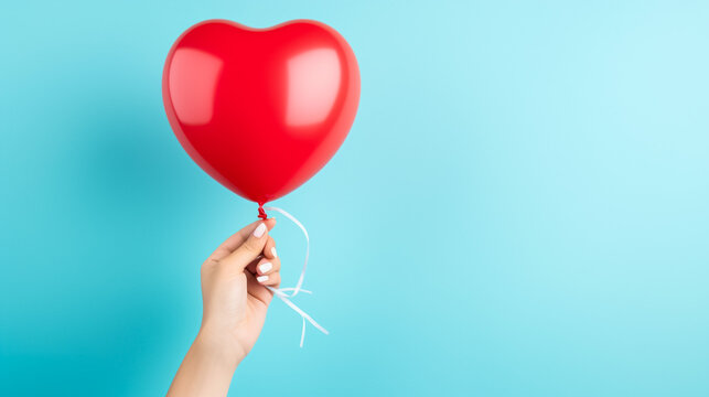 A hand holding a red heart shaped balloon, blue background, photo