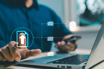 concept document managemente-signing, electronic signature, Paperless workplace. man touch file on virtual screen online documentation database and process automation to efficiently manage files.