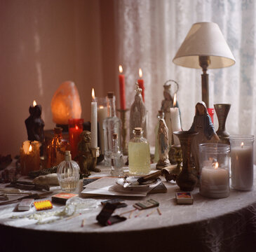 A Moment of Devotion: Christian Altar with Icons and Candles