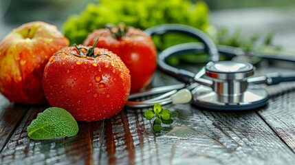 Stethoscope and fresh ripe tomatoes on wooden table. Healthy eating concept.