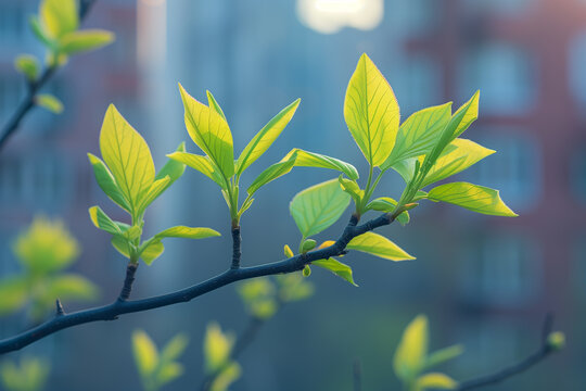 Early spring leaves on tree on city background.