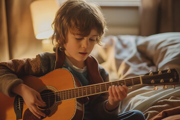 Little boy playing acoustic guitar, teaching children how to play guitar - obrazy, fototapety, plakaty