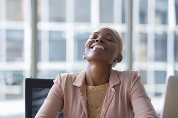 Fototapeta premium Smiling mid aged business woman in office looking at laptop computer