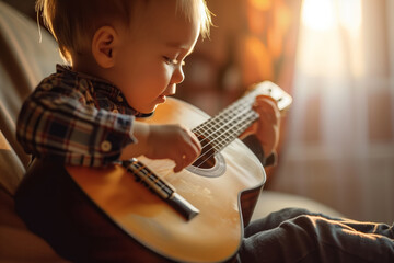 Little boy playing acoustic guitar, teaching children how to play guitar