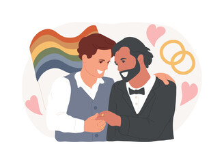 Civil union isolated concept vector illustration. Civil homosexual partnership, same sex, two grooms, wedding day rings, gay or lesbian couple, family law, intolerance and bias vector concept. - 759307354