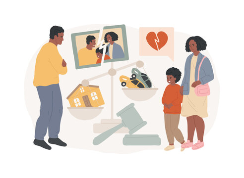 Matrimonial law isolated concept vector illustration. Family law, matrimonial property, child custody, divorce decree, scales of justice, sign document, judges gavel, agreement vector concept.