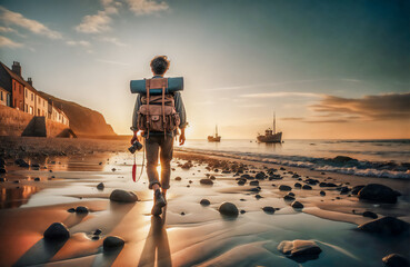A solitary young adult backpacker treks along a peaceful beach at dawn, carrying a camera, embodying the spirit of adventure and solitude amidst the natural beauty of the coastline - 759307750