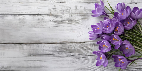 Vivid purple crocuses with bright orange pistils adorn the right side of a rustic white wooden...