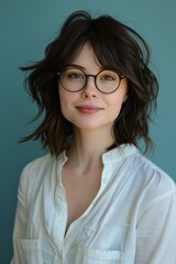 Fototapeta premium A woman with glasses and a white shirt. Generative AI.