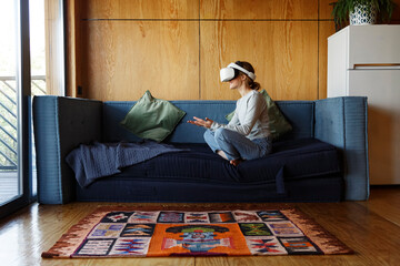 Woman in VR headset talking to invisible people