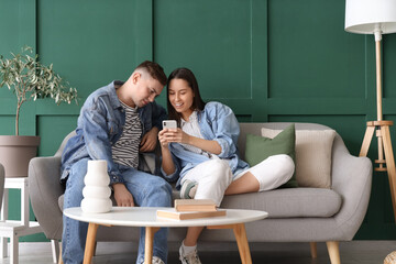 Young couple using mobile phone on grey sofa in living room