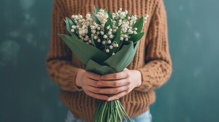 a person holding a bouquet of lily of the valley flowers in front of a teal wall with a blue background. - obrazy, fototapety, plakaty