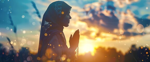Silhouette of a Muslim woman holding a rosary and praying with a blurred natural background for a religious - obrazy, fototapety, plakaty