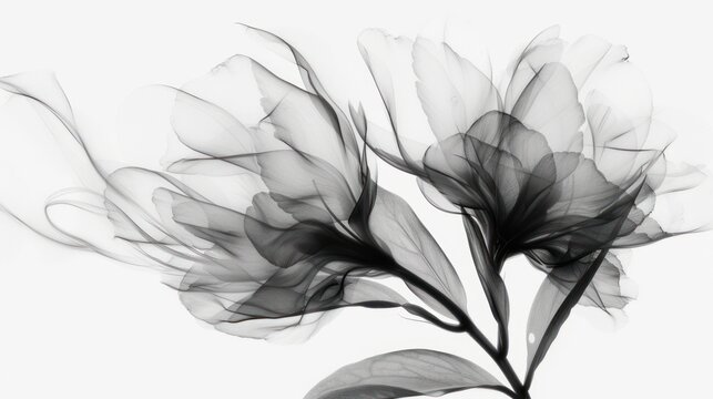 a black and white photo of a flower with a blurry image of leaves on the bottom of the picture.