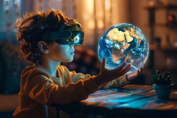 Child virtual reality holding globe
