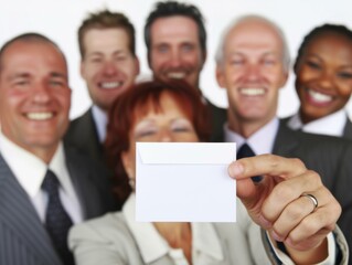 Fototapeta premium A group of people are smiling and holding up a piece of paper. Generative AI.