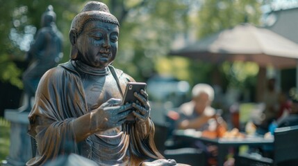 A statue of a buddha sitting on a bench looking at a cell phone. Generative AI.