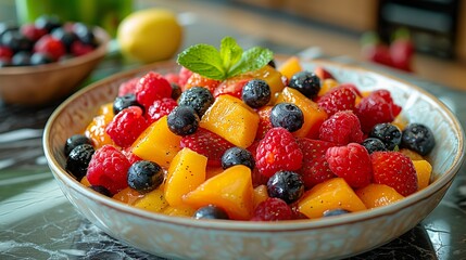 Fruit salad with red fruits and mango.