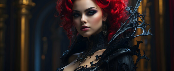 Striking gothic queen in a detailed black ensemble amidst grand architecture