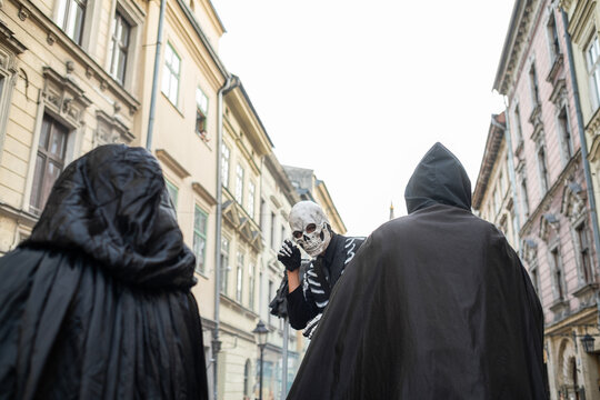 A man in a dead man's costume from Plague Doctors on Halloween