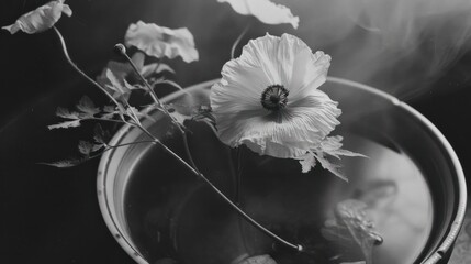 a black and white photo of a vase with a flower in it and smoke coming out of the inside of the vase.
