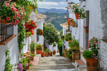 Fototapeta na wymiar Blooming Greek street with mountain views