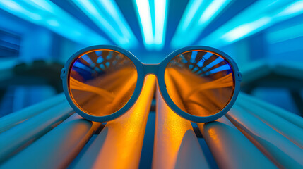 Tanning Goggles Resting on Tanning Bed. generative ai  - obrazy, fototapety, plakaty